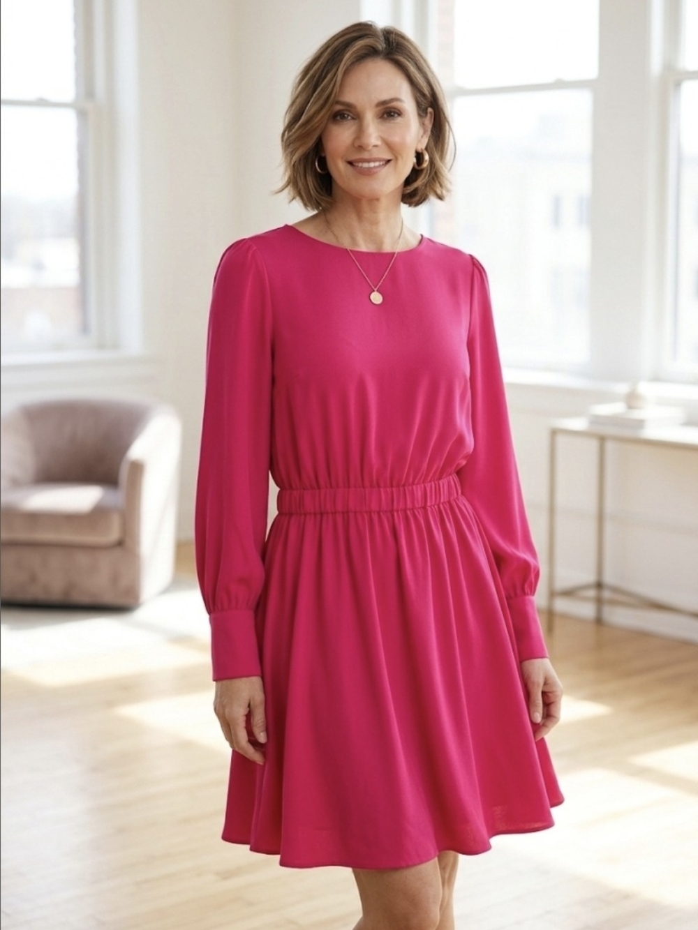 Women’s Elastic-Waist Midi Dress in Fuchsia